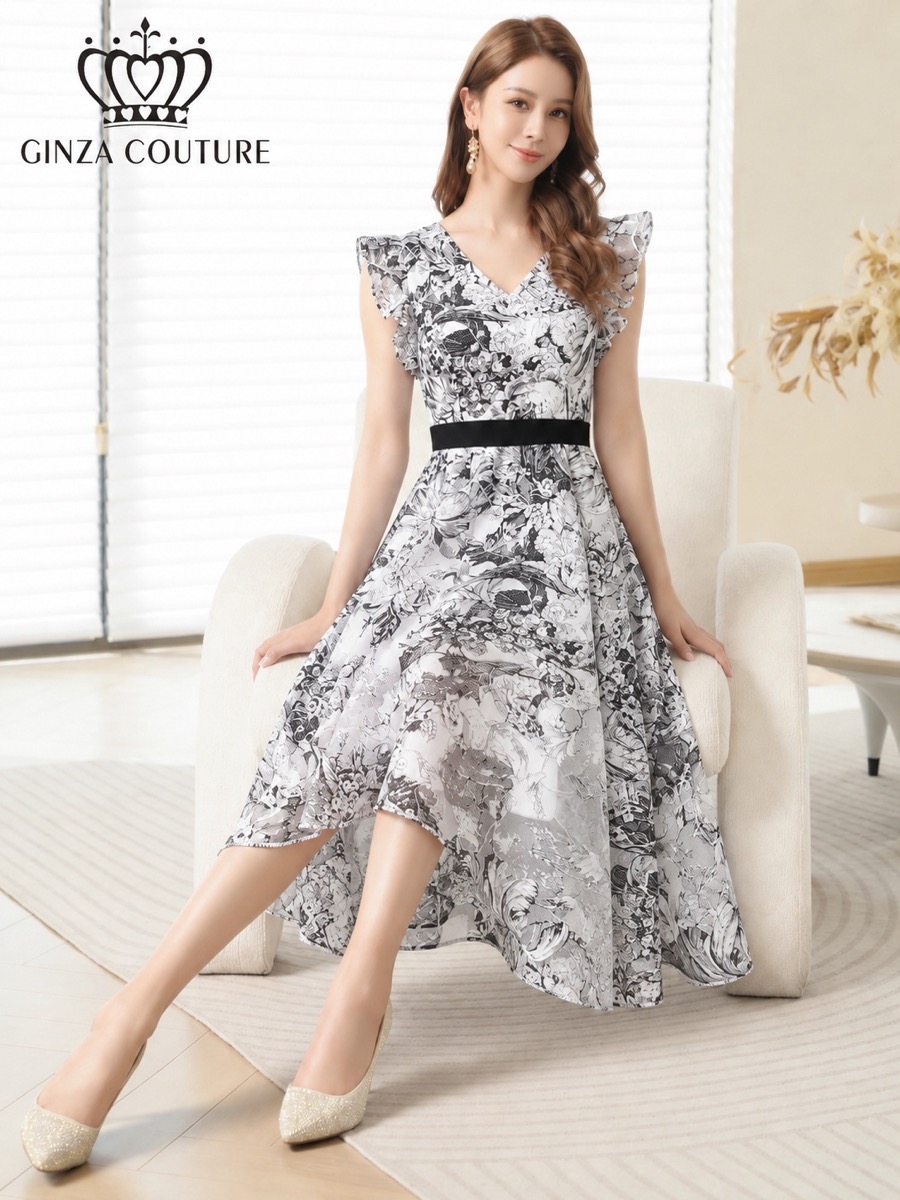 GINZA COUTURE 2color トワルドジュイ Vネック フリルスリーブ Aライン フレア ミディアムドレス ネイビー ブラック G26135