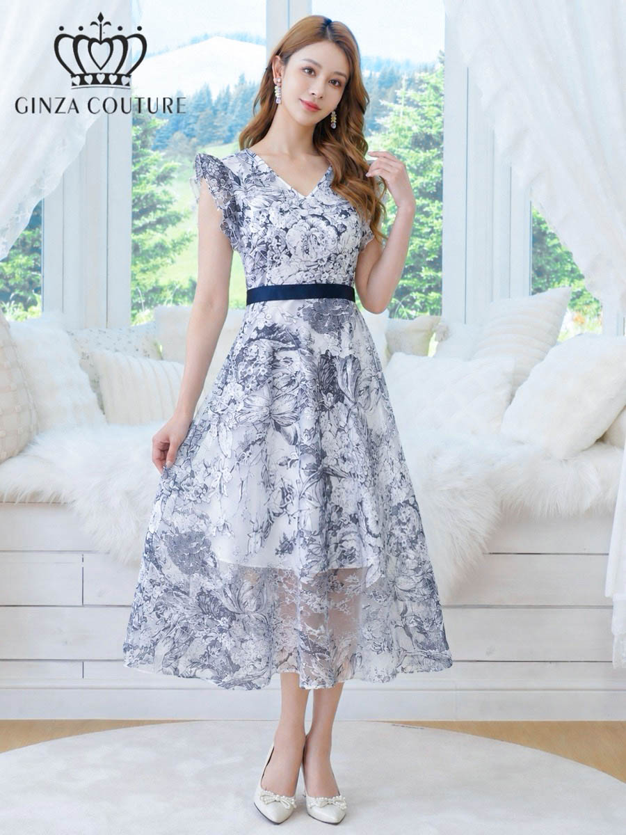 GINZA COUTURE 2color トワルドジュイ Vネック フリルスリーブ Aライン フレア ミディアムドレス ネイビー ブラック G26135