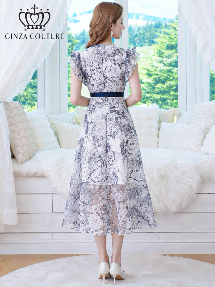 GINZA COUTURE 2color トワルドジュイ Vネック フリルスリーブ Aライン フレア ミディアムドレス ネイビー ブラック G26135