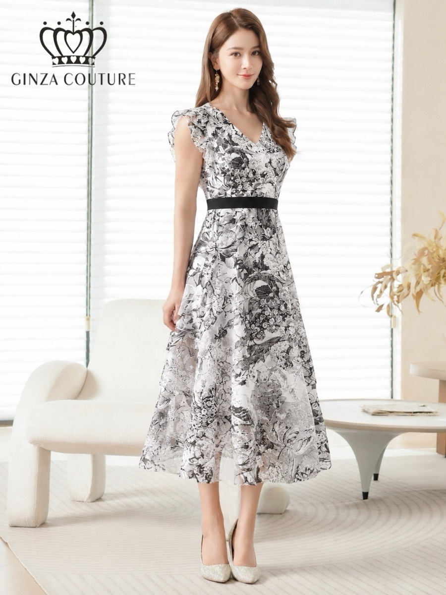 GINZA COUTURE 2color トワルドジュイ Vネック フリルスリーブ Aライン フレア ミディアムドレス ネイビー ブラック G26135