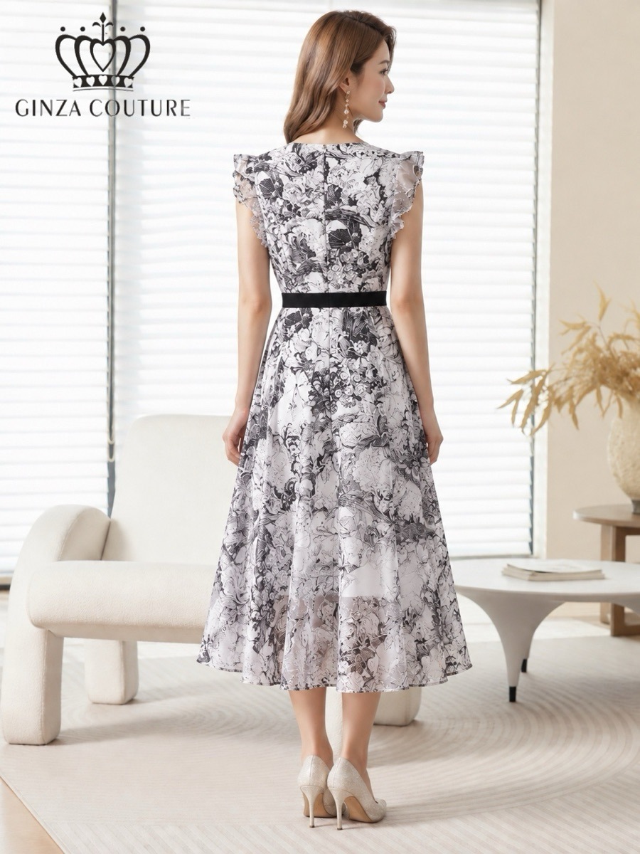 GINZA COUTURE 2color トワルドジュイ Vネック フリルスリーブ Aライン フレア ミディアムドレス ネイビー ブラック G26135