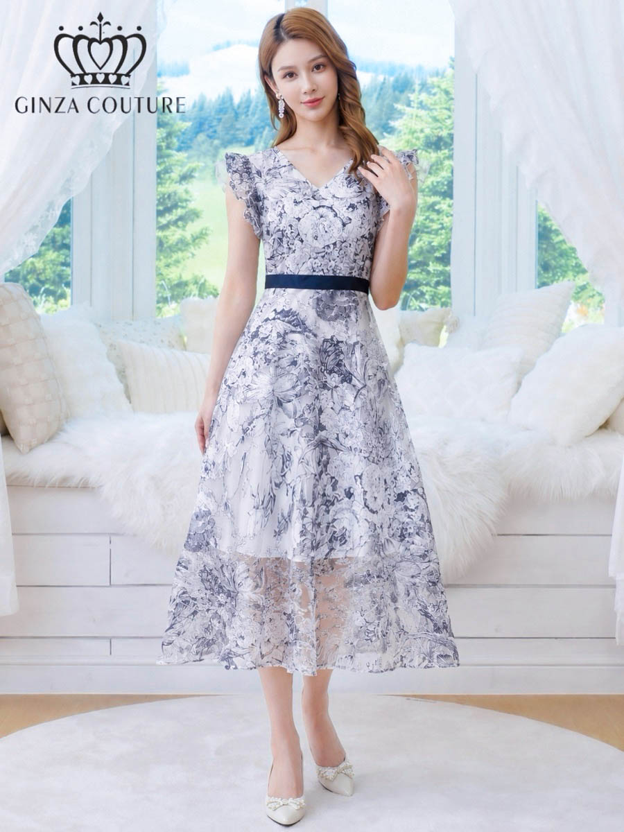 GINZA COUTURE 2color トワルドジュイ Vネック フリルスリーブ Aライン フレア ミディアムドレス ネイビー ブラック G26135