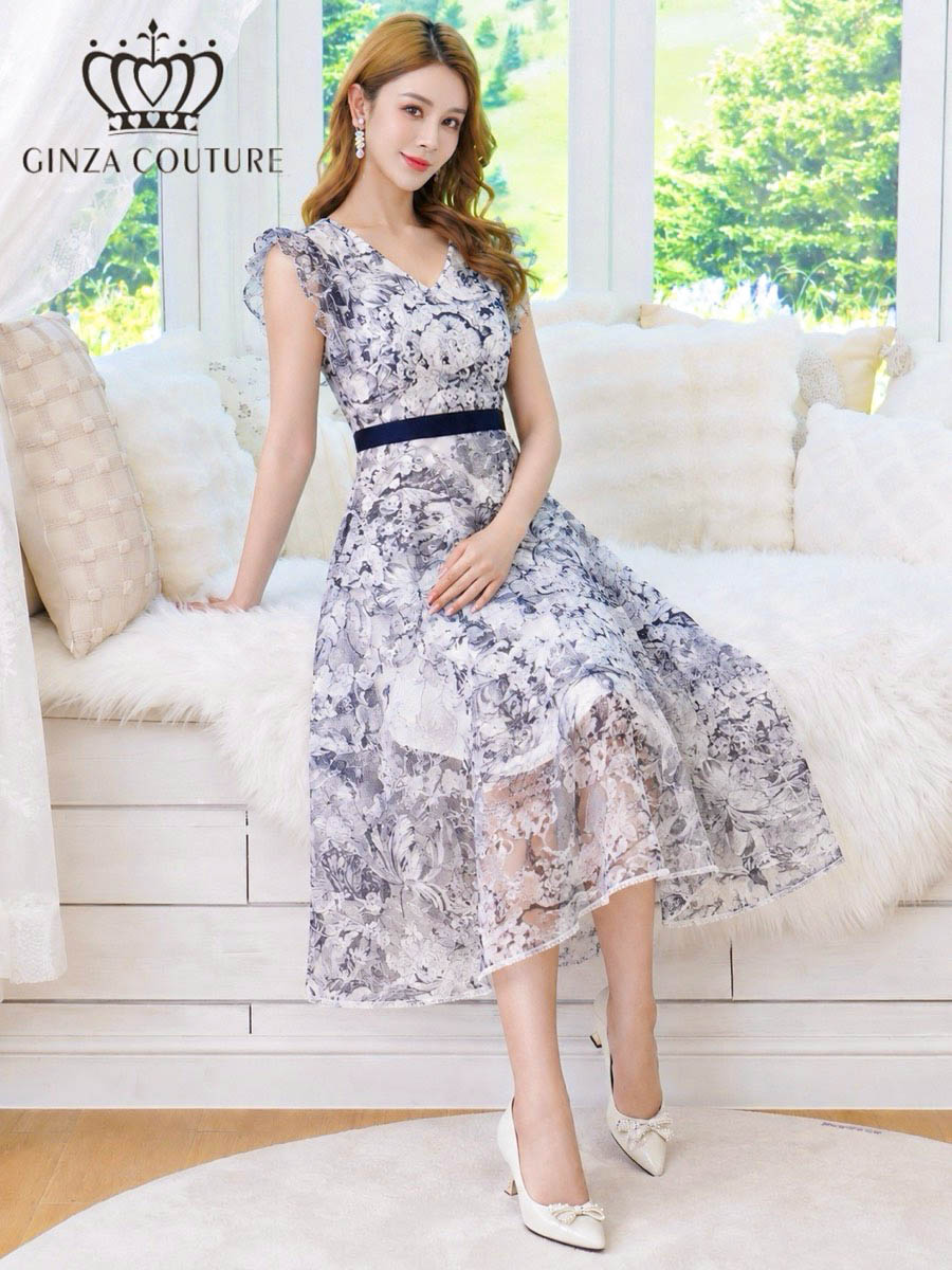 GINZA COUTURE 2color トワルドジュイ Vネック フリルスリーブ Aライン フレア ミディアムドレス ネイビー ブラック G26135