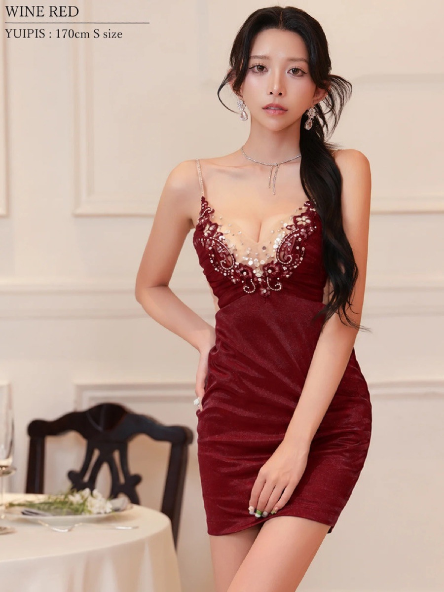 予約(10月中旬～下旬入荷予定)[AngelR] 5color ビジュー 刺繍レース ウエストカット Vカット タイト マイクロミニドレス キャバドレス AR26355