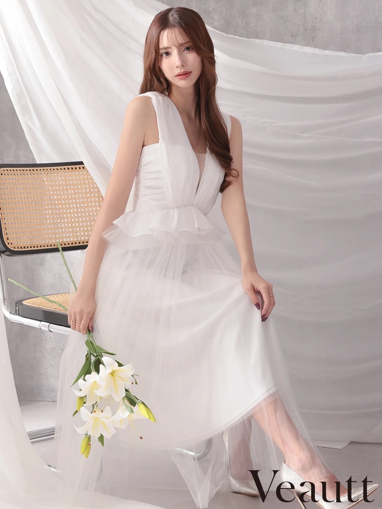 Veautt VT082531 清楚 エレガント ペプラム チュール ミディアムロング