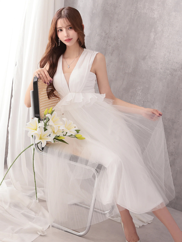 Veautt VT082531 清楚 エレガント ペプラム チュール ミディアムロング