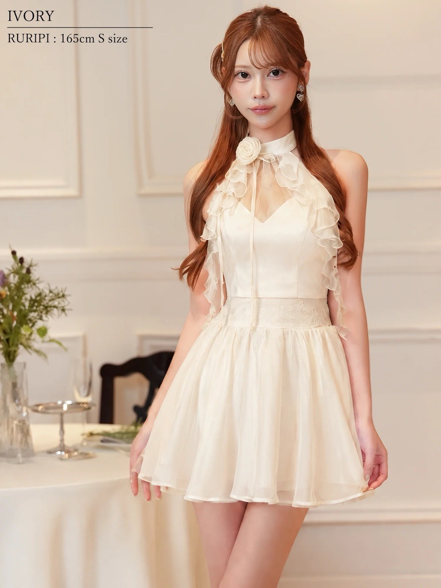 予約(10月中旬～下旬入荷予定)[AngelR] 3color ホルターネック シアーフリル ローズ フレア セパレート マイクロミニドレス キャバドレス AR26876