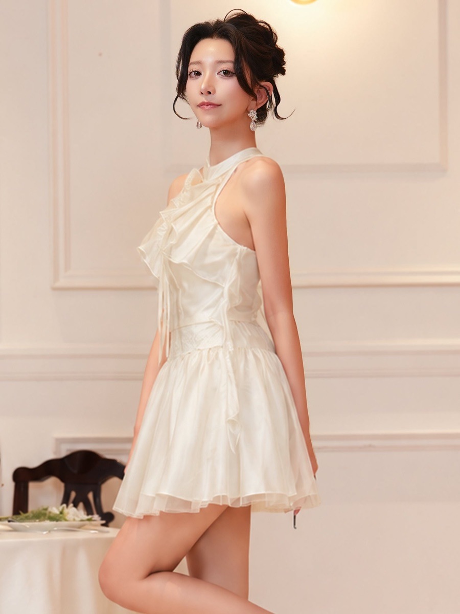 予約(10月中旬～下旬入荷予定)[AngelR] 3color ホルターネック シアーフリル ローズ フレア セパレート マイクロミニドレス キャバドレス AR26876