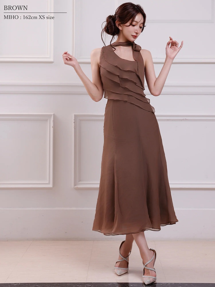 予約(10月中旬～下旬入荷予定)[Veautt] 3color ワンショルダー チョーカー フリル アシンメトリー フレア Aライン ロングドレス キャバドレス VT082628