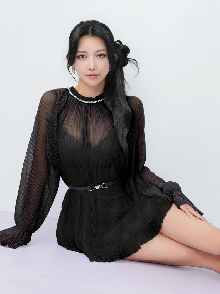 AngelR] プリーツチュール ネックビジュー ベルト付き レース フレア