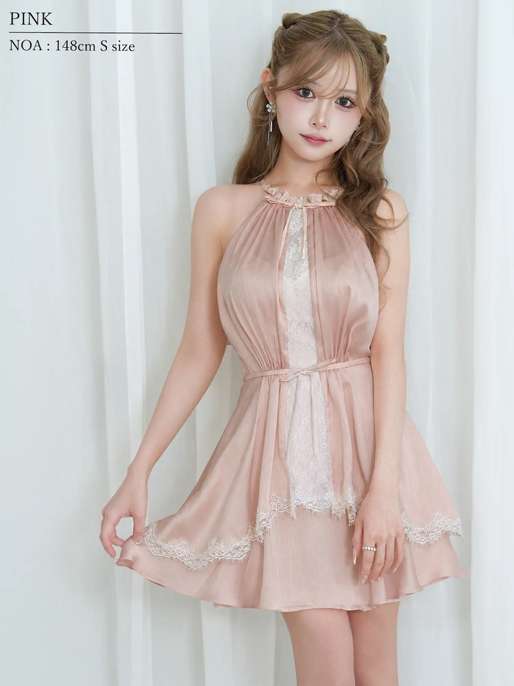 予約(11月上旬～中旬入荷予定)[AngelR] 4color アメスリ ホルターネック フリル ティアード サテン レース リボン フレア Aライン マイクロミニドレス キャバドレス AR26882