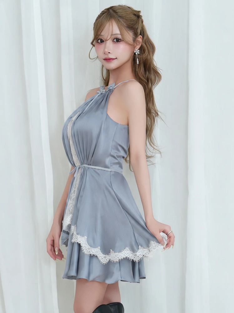予約(11月上旬～中旬入荷予定)[AngelR] 4color アメスリ ホルターネック フリル ティアード サテン レース リボン フレア Aライン マイクロミニドレス キャバドレス AR26882
