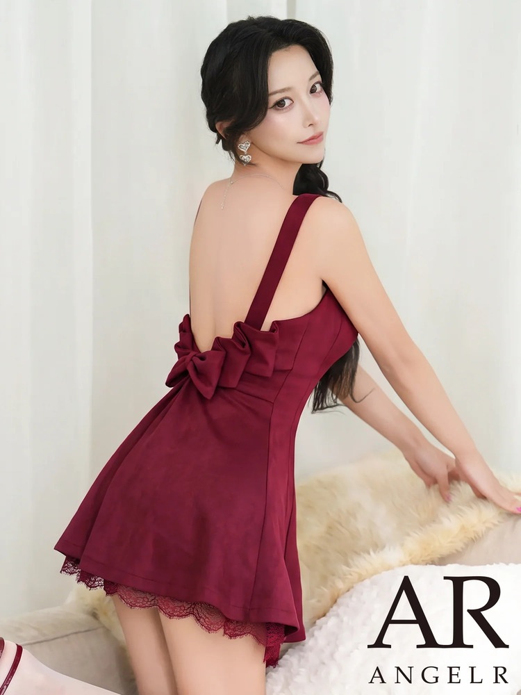 予約(11月上旬～中旬入荷予定)[AngelR] 4color ハートカット スウェード レース バックリボン フレア Aライン マイクロミニドレス キャバドレス AR26884