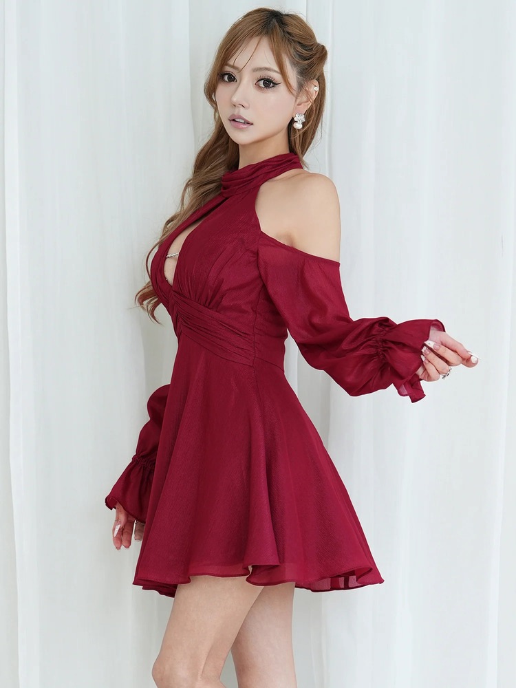 予約(11月上旬～中旬入荷予定)[AngelR] 4color アメスリ オープンショルダー パフスリーブ チェーン ロングスリーブ フレア Aライン マイクロミニドレス キャバドレス AR26887