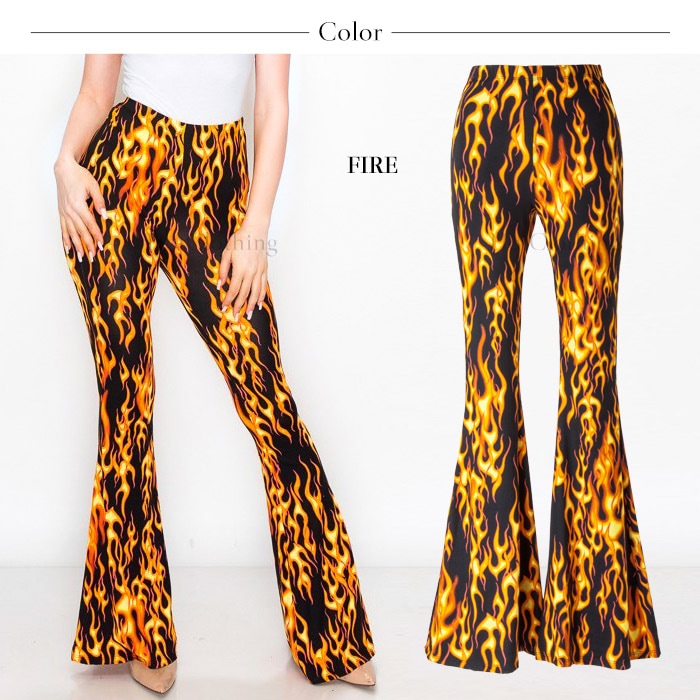 フレイムス柄 ファイヤーパターン ハイウエスト ベルボトムパンツ