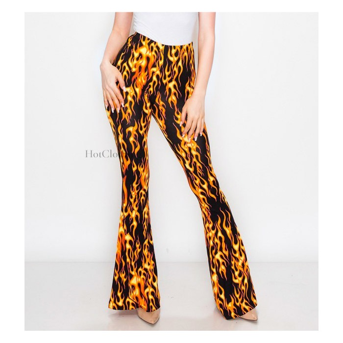 フレイムス柄 ファイヤーパターン ハイウエスト ベルボトムパンツ