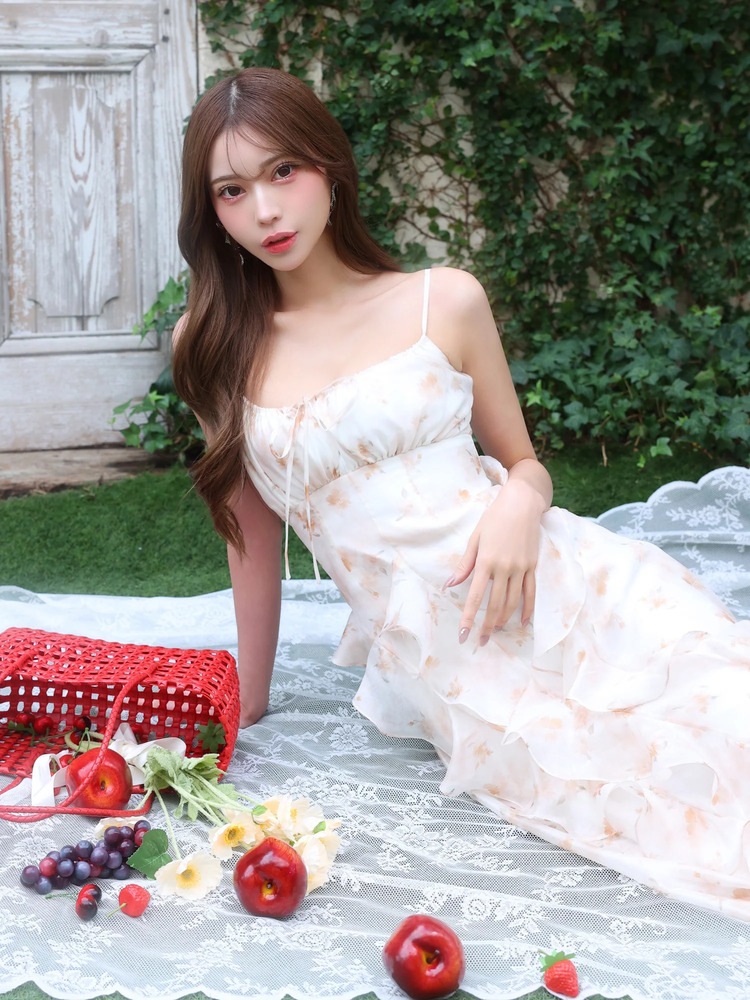 [AngelR] 再入荷 花柄プリント ギャザー バストリボン フリル フレア シフォン ロングドレス キャバドレス ラウンジ パーティー アイボリー ラベンダー イエロー AR26312