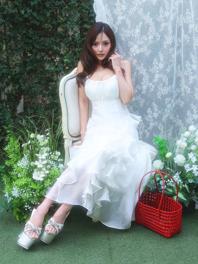 [AngelR] 再入荷 花柄プリント ギャザー バストリボン フリル フレア シフォン ロングドレス キャバドレス ラウンジ パーティー アイボリー ラベンダー イエロー AR26312