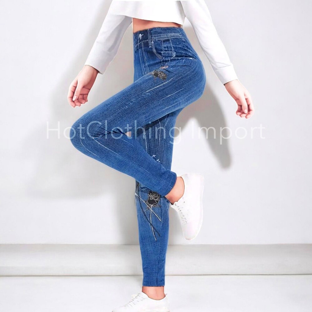 [HotClothing Import]  ローズプリント 花柄  デニムプリント レギンス スーパーストレッチ スキニーパンツ ジェギンス スリムパンツ S M L 大きいサイズ [即日発送] cpt-25002 