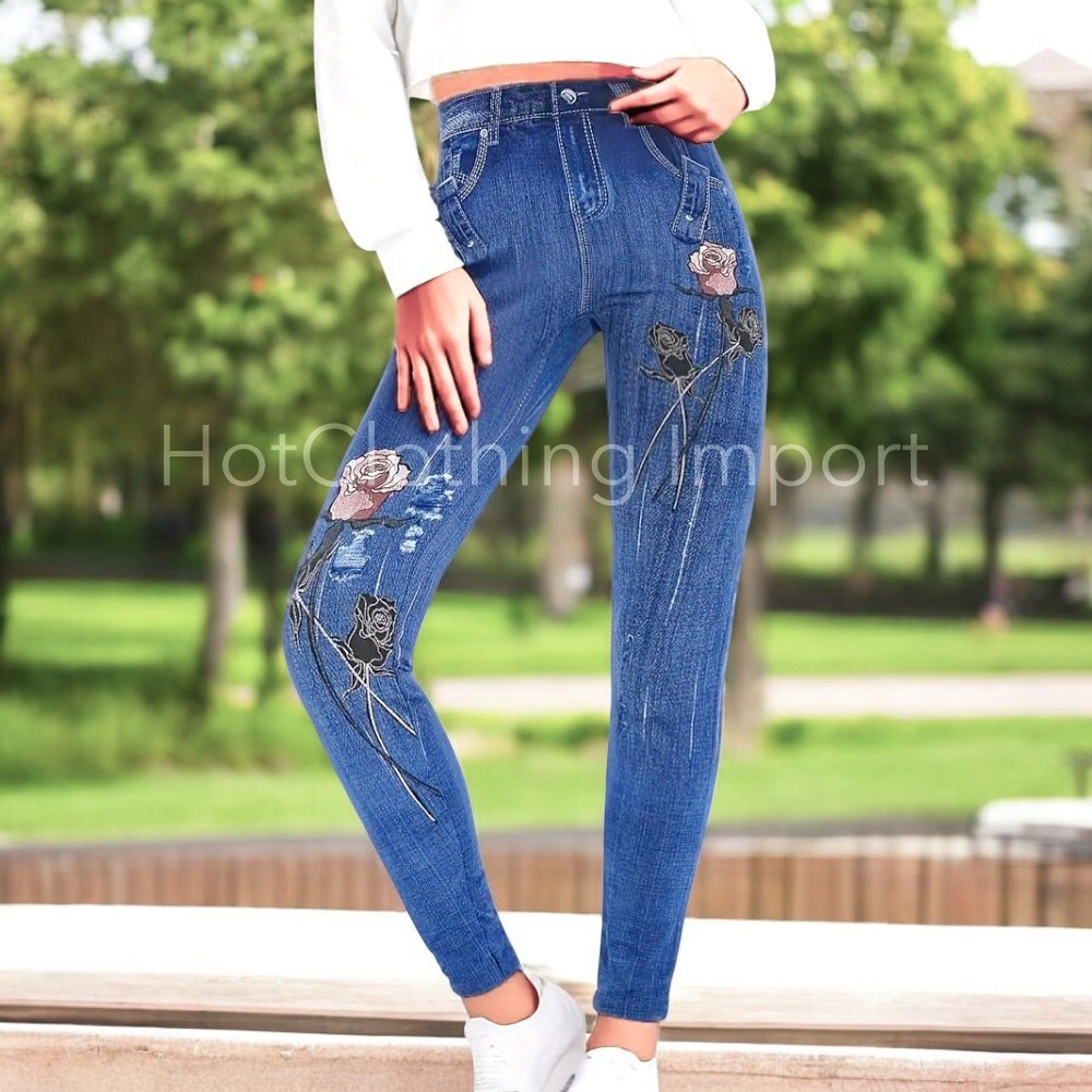 [HotClothing Import]  ローズプリント 花柄  デニムプリント レギンス スーパーストレッチ スキニーパンツ ジェギンス スリムパンツ S M L 大きいサイズ [即日発送] cpt-25002 