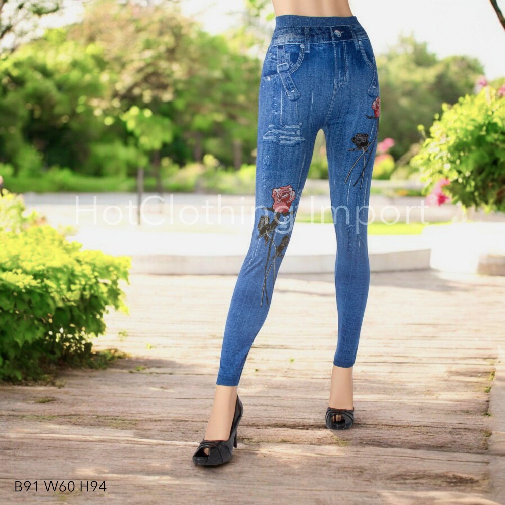 [HotClothing Import]  ローズプリント 花柄  デニムプリント レギンス スーパーストレッチ スキニーパンツ ジェギンス スリムパンツ S M L 大きいサイズ [即日発送] cpt-25002 