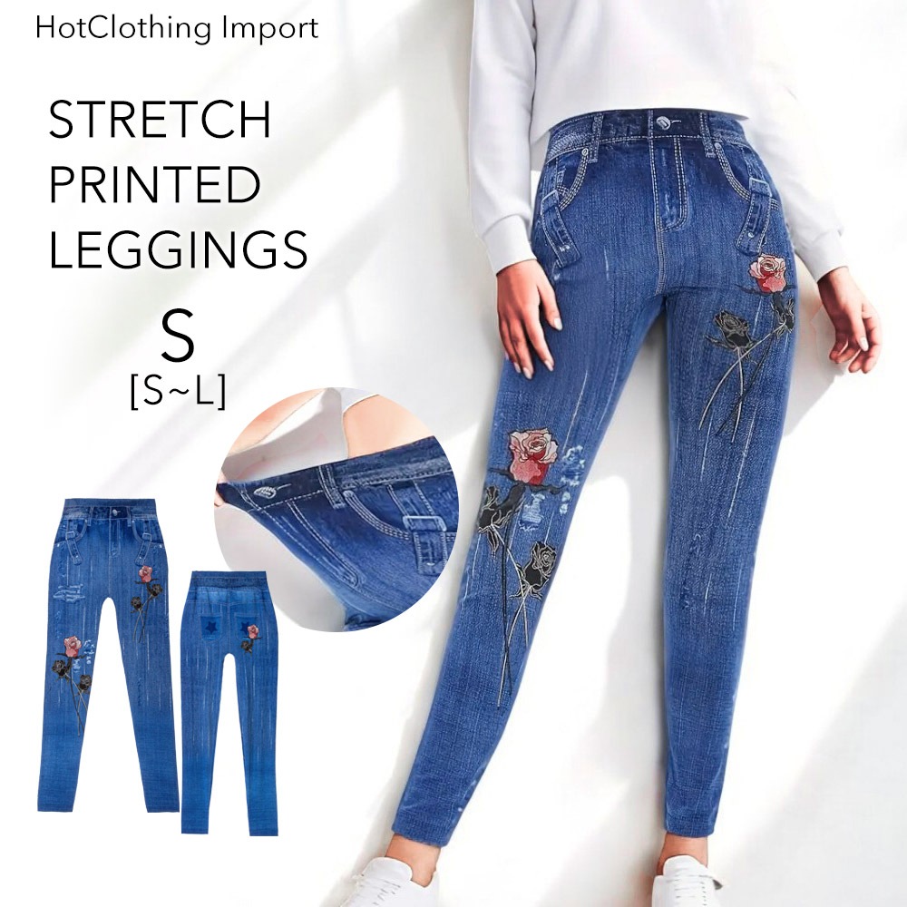 [HotClothing Import]  ローズプリント 花柄  デニムプリント レギンス スーパーストレッチ スキニーパンツ ジェギンス スリムパンツ S M L 大きいサイズ [即日発送] cpt-25002 