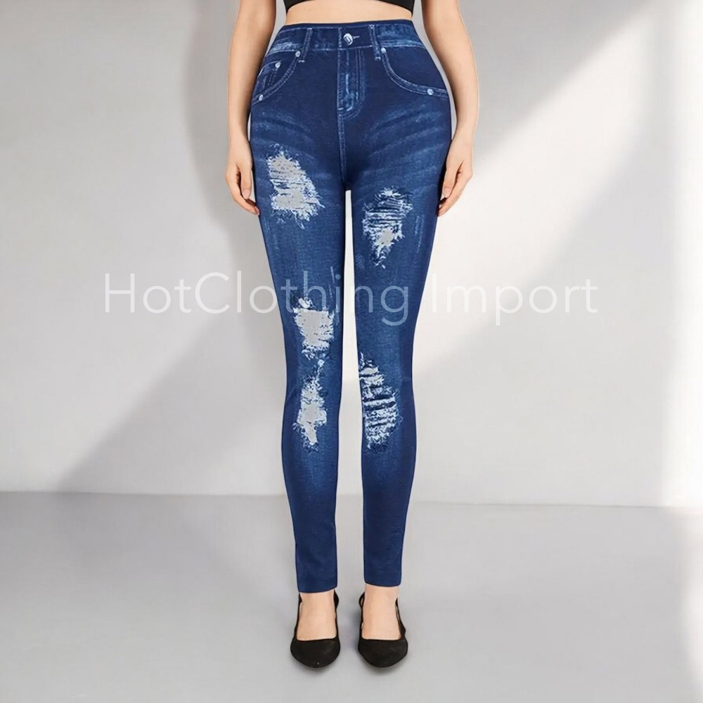 [HotClothing Import] イミテーション ダメージプリント デニムプリント レギンス パンツ スキニーパンツ ジェギンス スパッツ スリムパンツ スーパーストレッチ カジュアルパンツ S M L 大きいサイズ [即日発送] cpt-25003