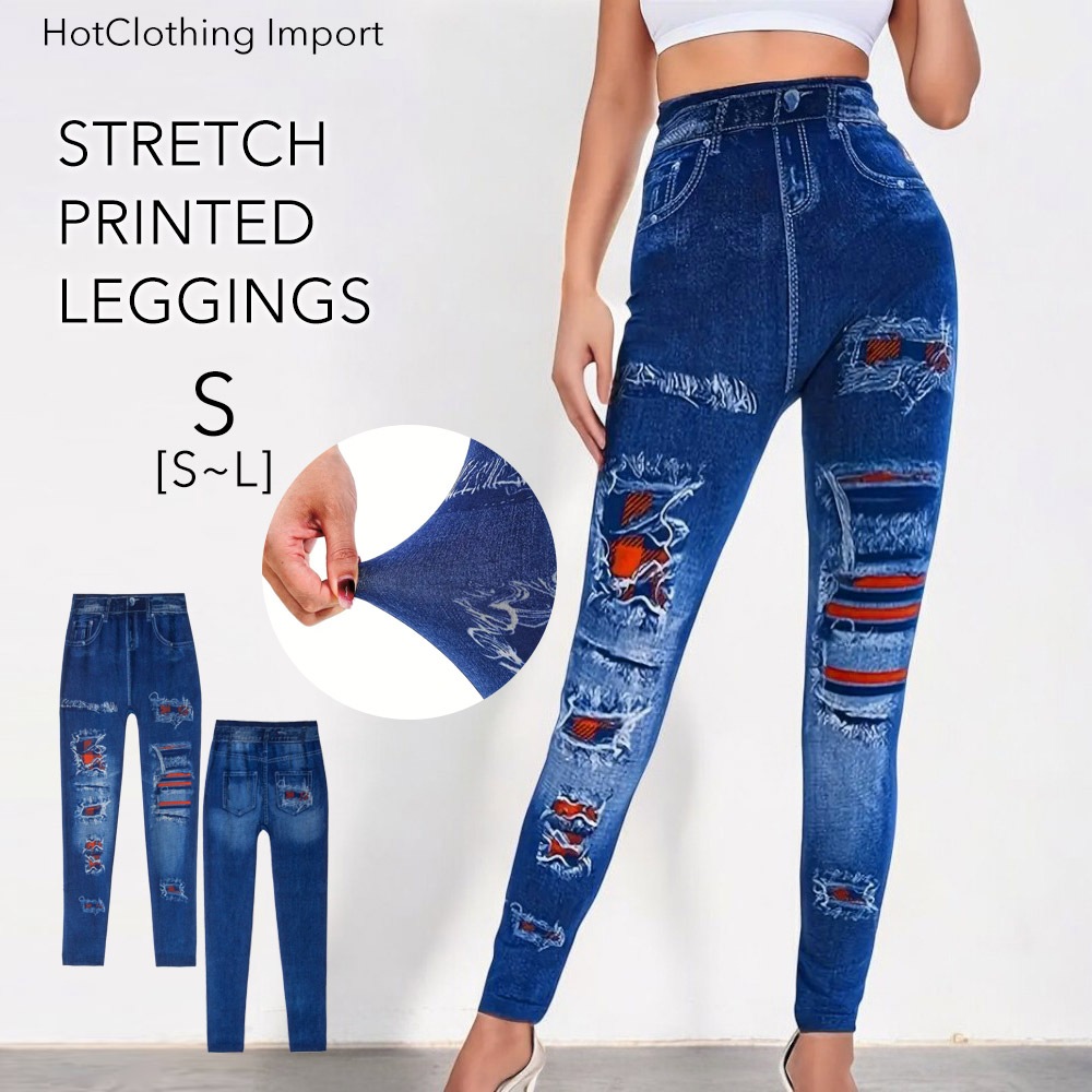 [HotClothing Import]ダメージプリント(赤) イミテーション デニムプリント レギンス  パンツ スキニーパンツ ジェギンス スパッツ スリムパンツ スーパーストレッチ カジュアルパンツ S M L 大きいサイズ [即日発送] [cpt-25004]