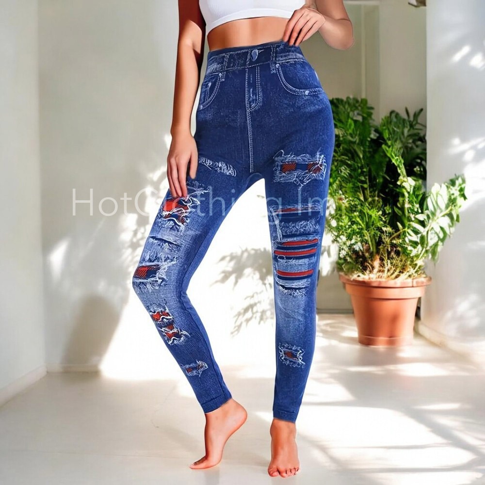 [HotClothing Import]ダメージプリント(赤) イミテーション デニムプリント レギンス  パンツ スキニーパンツ ジェギンス スパッツ スリムパンツ スーパーストレッチ カジュアルパンツ S M L 大きいサイズ [即日発送] [cpt-25004]