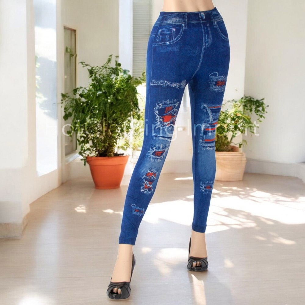 [HotClothing Import]ダメージプリント(赤) イミテーション デニムプリント レギンス  パンツ スキニーパンツ ジェギンス スパッツ スリムパンツ スーパーストレッチ カジュアルパンツ S M L 大きいサイズ [即日発送] [cpt-25004]