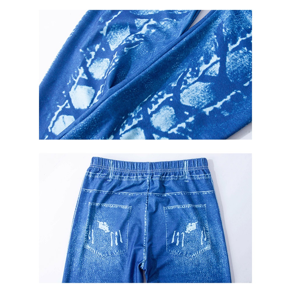 [HotClothing Import] レースアップ デニムプリント レギンス イラストプリント パンツ ブルーデニム スキニーパンツ ジェギンス スパッツ スリムパンツ スーパーストレッチ カジュアルパンツ S M L 大きいサイズ [即日発送] cpt-25006