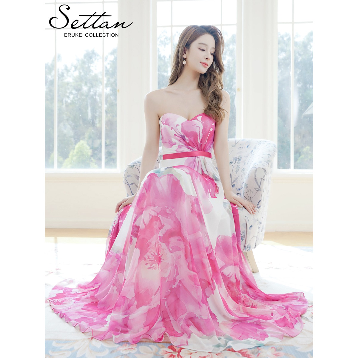 SETTAN] 2color ベアトップ スピンドル シフォン 花柄 プリント