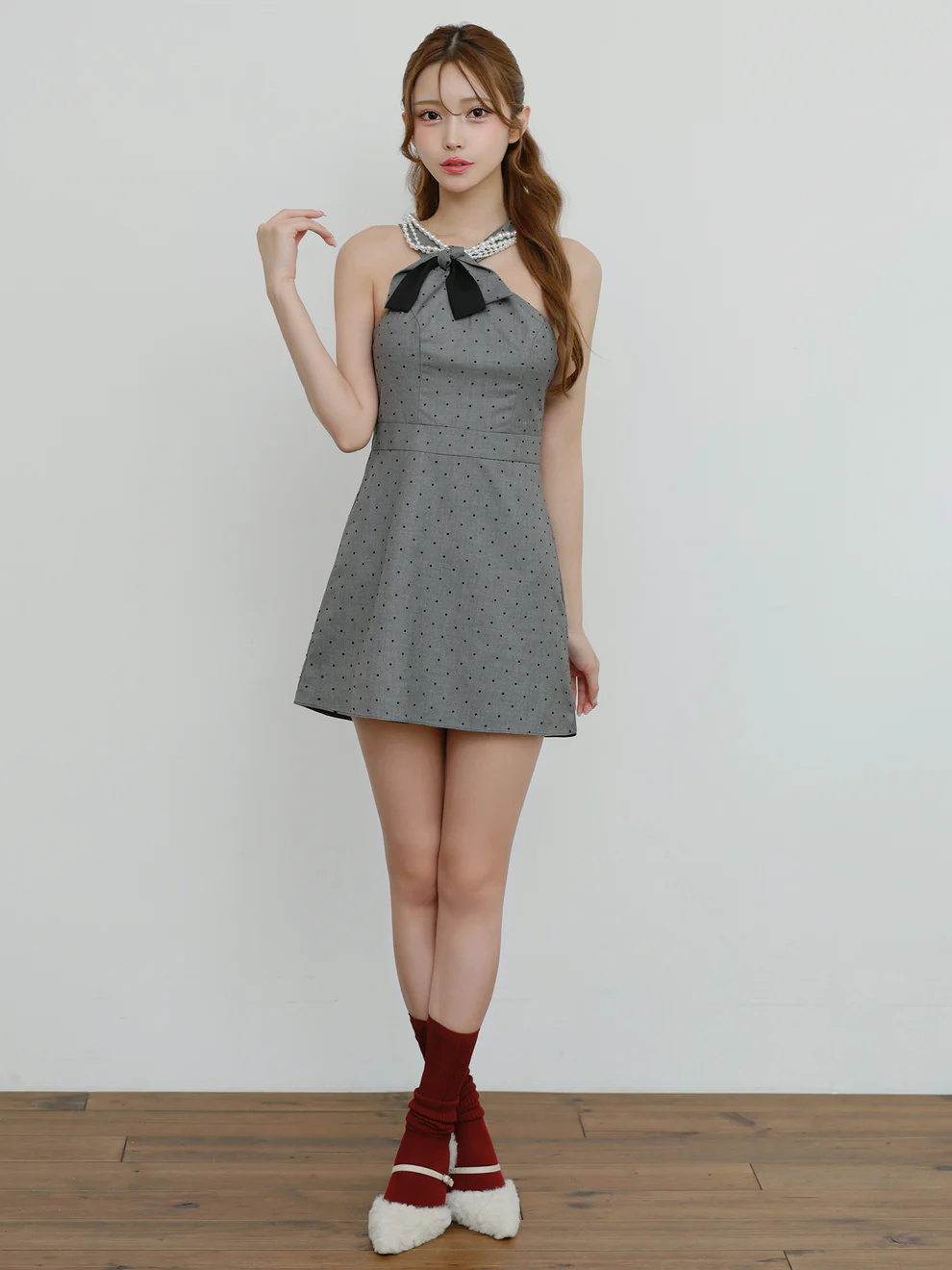 AngelR AR25249 パールネック リボン ドット柄 フレア ミニドレス
