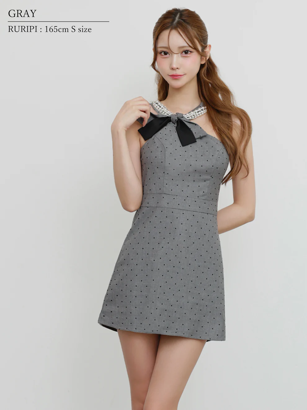 AngelR AR25249 パールネック リボン ドット柄 フレア ミニ