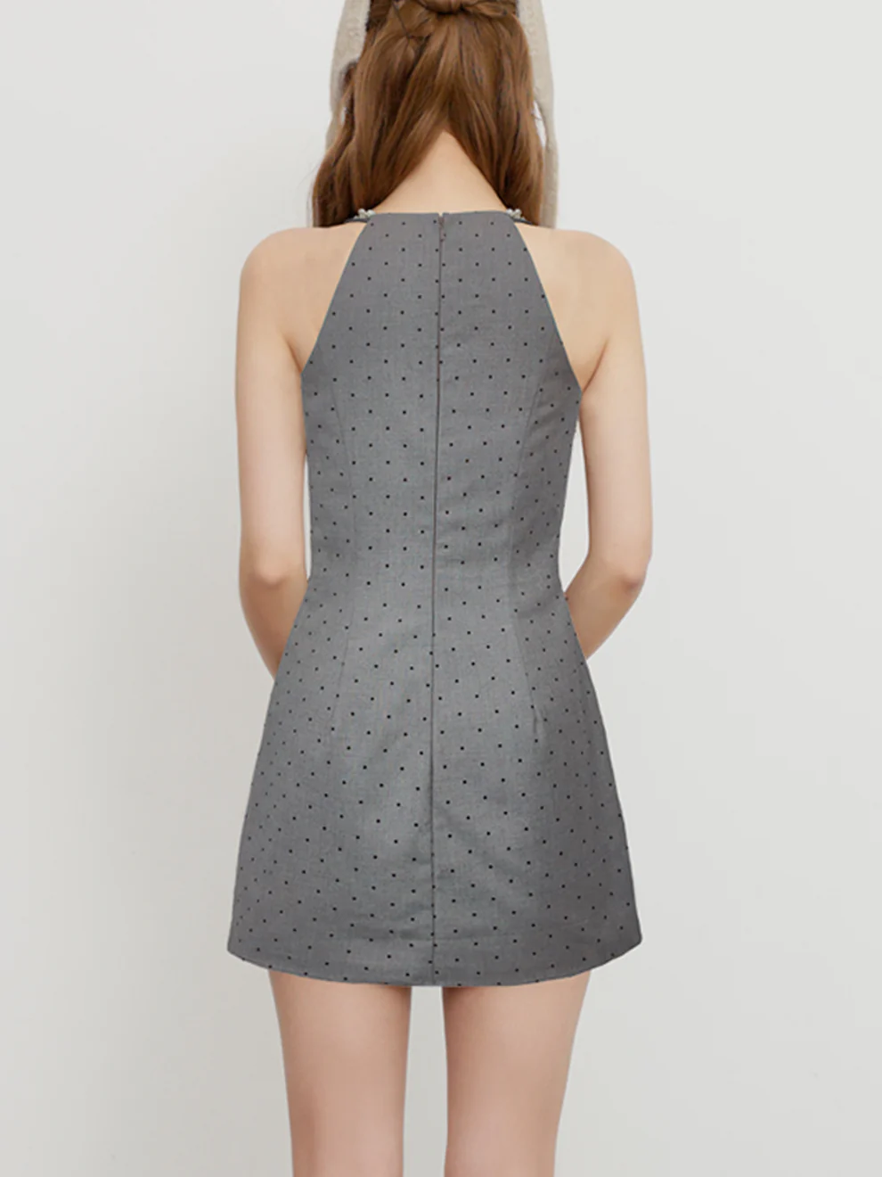 AngelR AR25249 パールネック リボン ドット柄 フレア ミニドレス