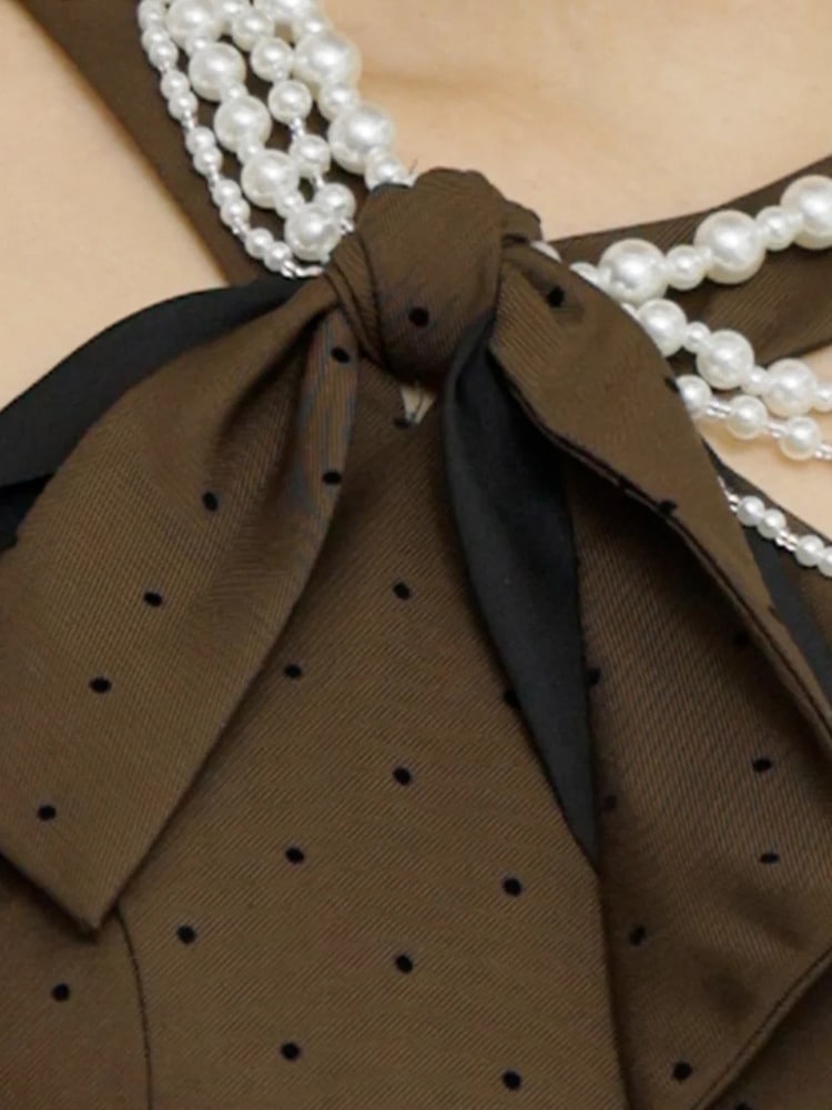 AngelR AR25249 パールネック リボン ドット柄 フレア ミニドレス