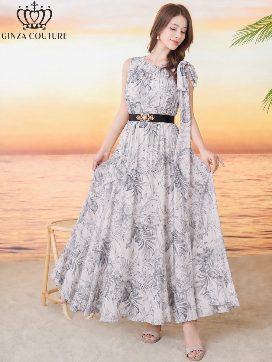 [GINZA COUTURE] 2color ボタニカルプリント シフォン ショルダーリボン ノースリーブ Aライン フレア ロングドレス ワンピース グリーン グレー リゾート 結婚式 お食事会 パーティ 撮影 衣装 2次会 演奏会 ナイトワーク 雪丹 銀座クチュール エルケイ ERUKEI LK C26111