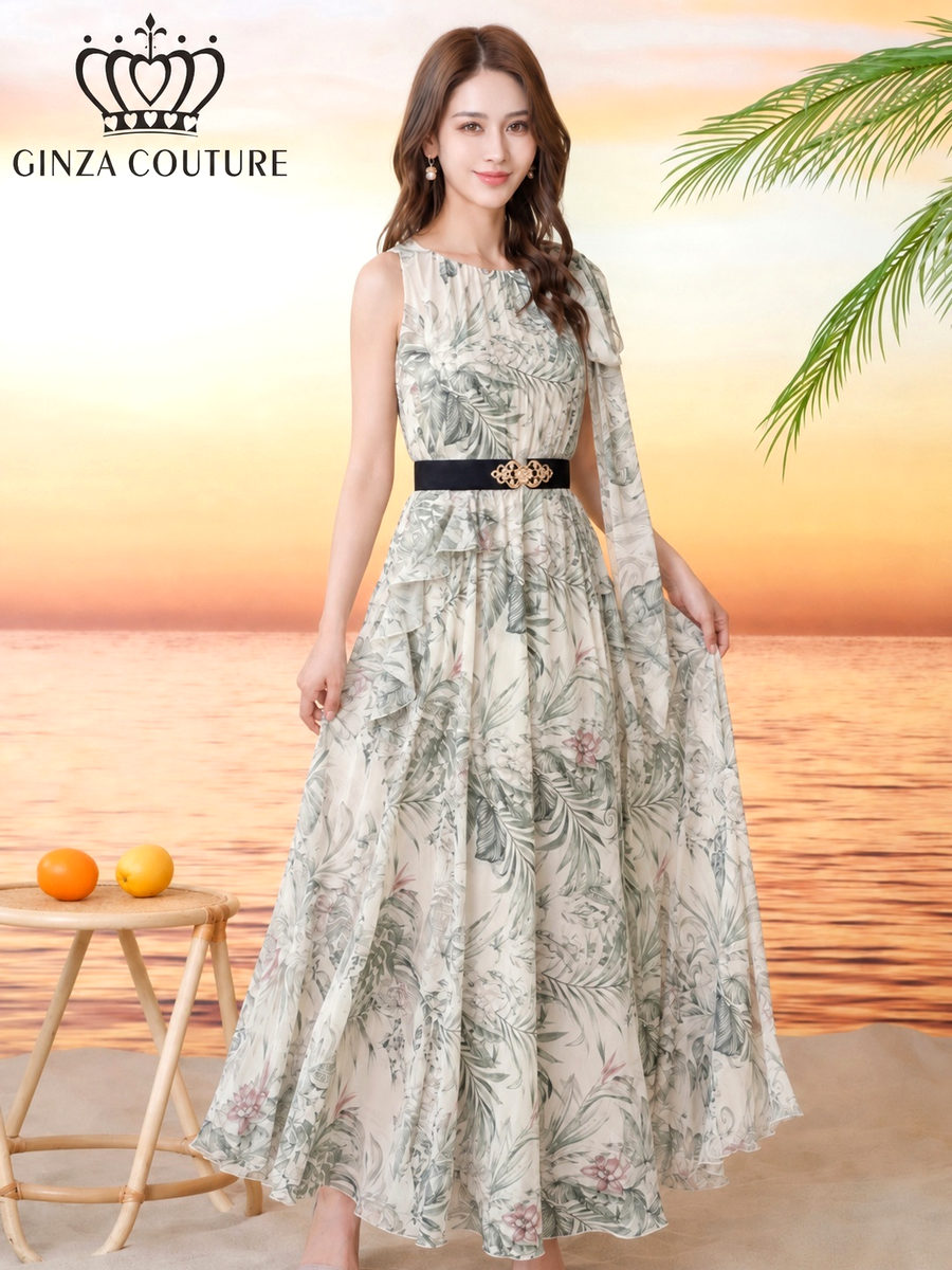 [GINZA COUTURE] 2color ボタニカルプリント シフォン ショルダーリボン ノースリーブ Aライン フレア ロングドレス ワンピース グリーン グレー リゾート 結婚式 お食事会 パーティ 撮影 衣装 2次会 演奏会 ナイトワーク 雪丹 銀座クチュール エルケイ ERUKEI LK C26111