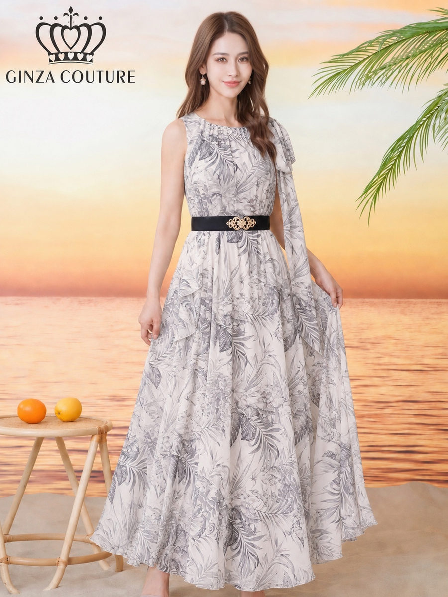 [GINZA COUTURE] 2color ボタニカルプリント シフォン ショルダーリボン ノースリーブ Aライン フレア ロングドレス ワンピース グリーン グレー リゾート 結婚式 お食事会 パーティ 撮影 衣装 2次会 演奏会 ナイトワーク 雪丹 銀座クチュール エルケイ ERUKEI LK C26111