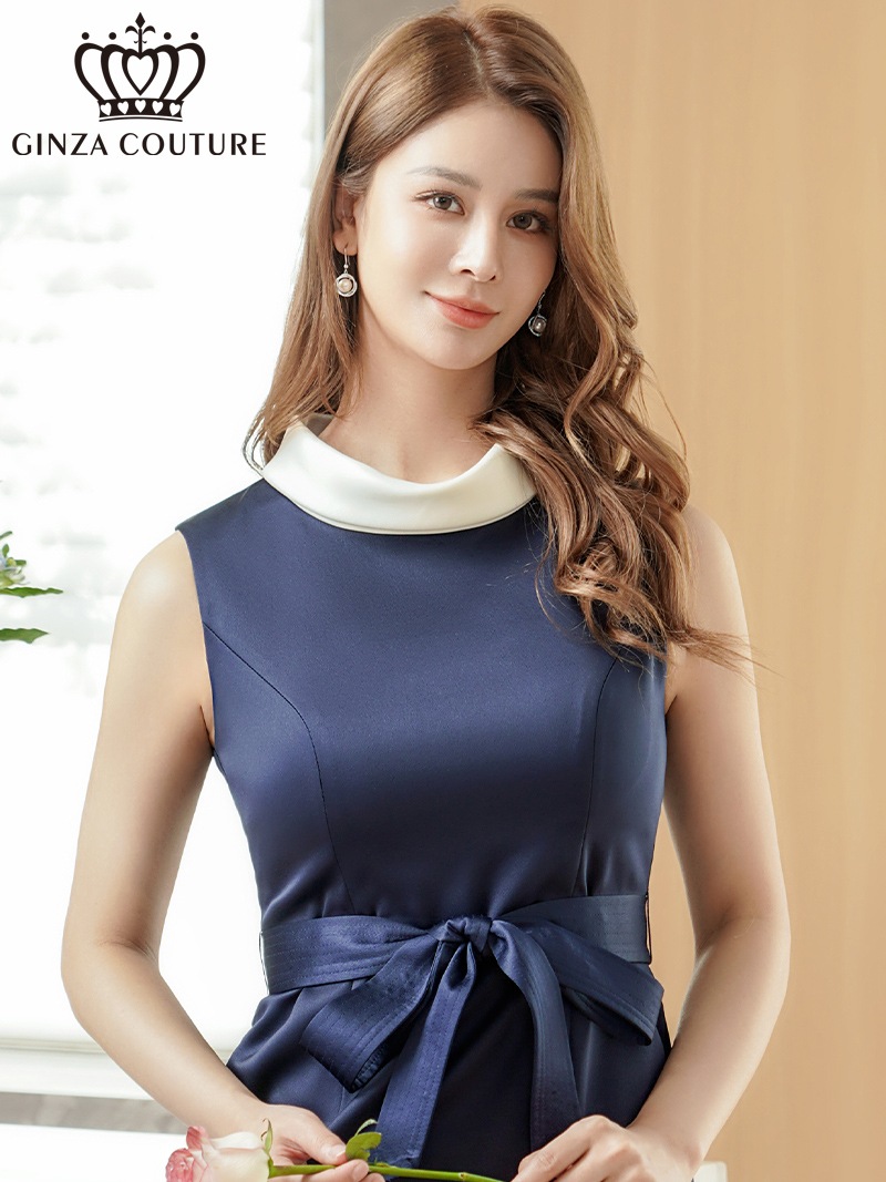 [GINZA COUTURE]  2color バイカラー サテン シンプル ハイネック リボンベルト ノースリーブ タイト ミニドレス ワンピース ワインレッド ネイビー エレガント モダン シック キュート フォーマル ゴージャス 大きいサイズ 撮影 演奏会 発表会 LK エルケイドレス C25213