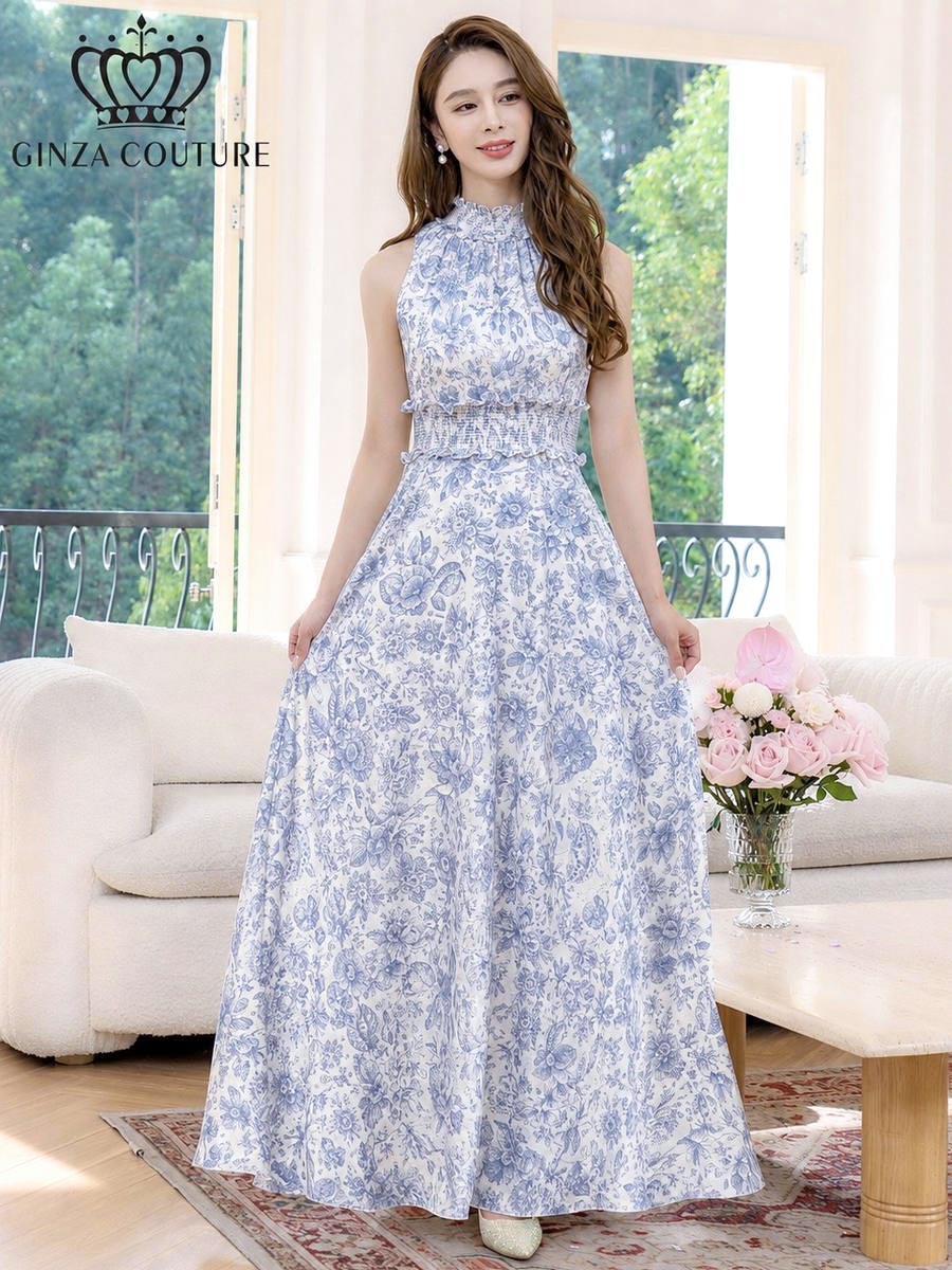 [GINZA COUTURE] 2color 花柄 アメリカンスリーブ サテン 首元フリル ウエストリブ Aライン フレア ロングドレス ワンピース ホワイト ピンク ブルー 結婚式 披露宴 女子会 お食事会 パーティ 演奏会 衣装 キャバドレス 雪丹 銀座クチュール エルケイ ERUKEI LK C38165
