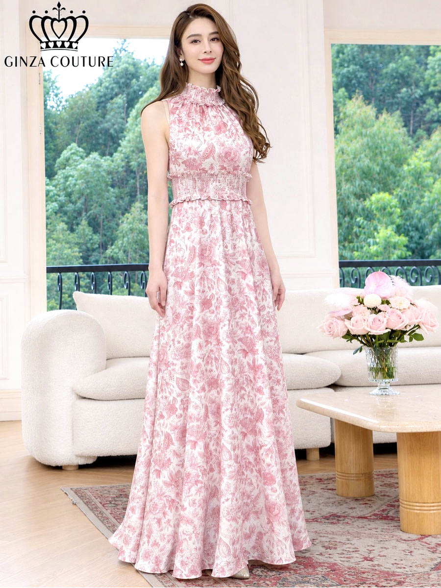 [GINZA COUTURE] 2color 花柄 アメリカンスリーブ サテン 首元フリル ウエストリブ Aライン フレア ロングドレス ワンピース ホワイト ピンク ブルー 結婚式 披露宴 女子会 お食事会 パーティ 演奏会 衣装 キャバドレス 雪丹 銀座クチュール エルケイ ERUKEI LK C38165