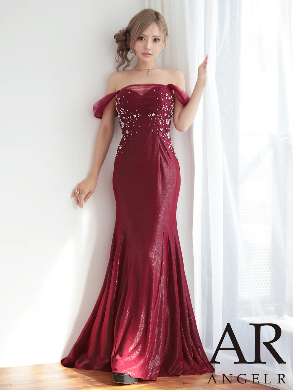 AngelR AR25863 ロングドレス｜オフショルダー×フラワーレース