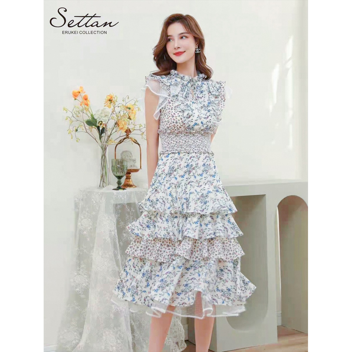 花柄の生地に フリルにリボンがゴージャスなイブニングドレス 【公式通販】