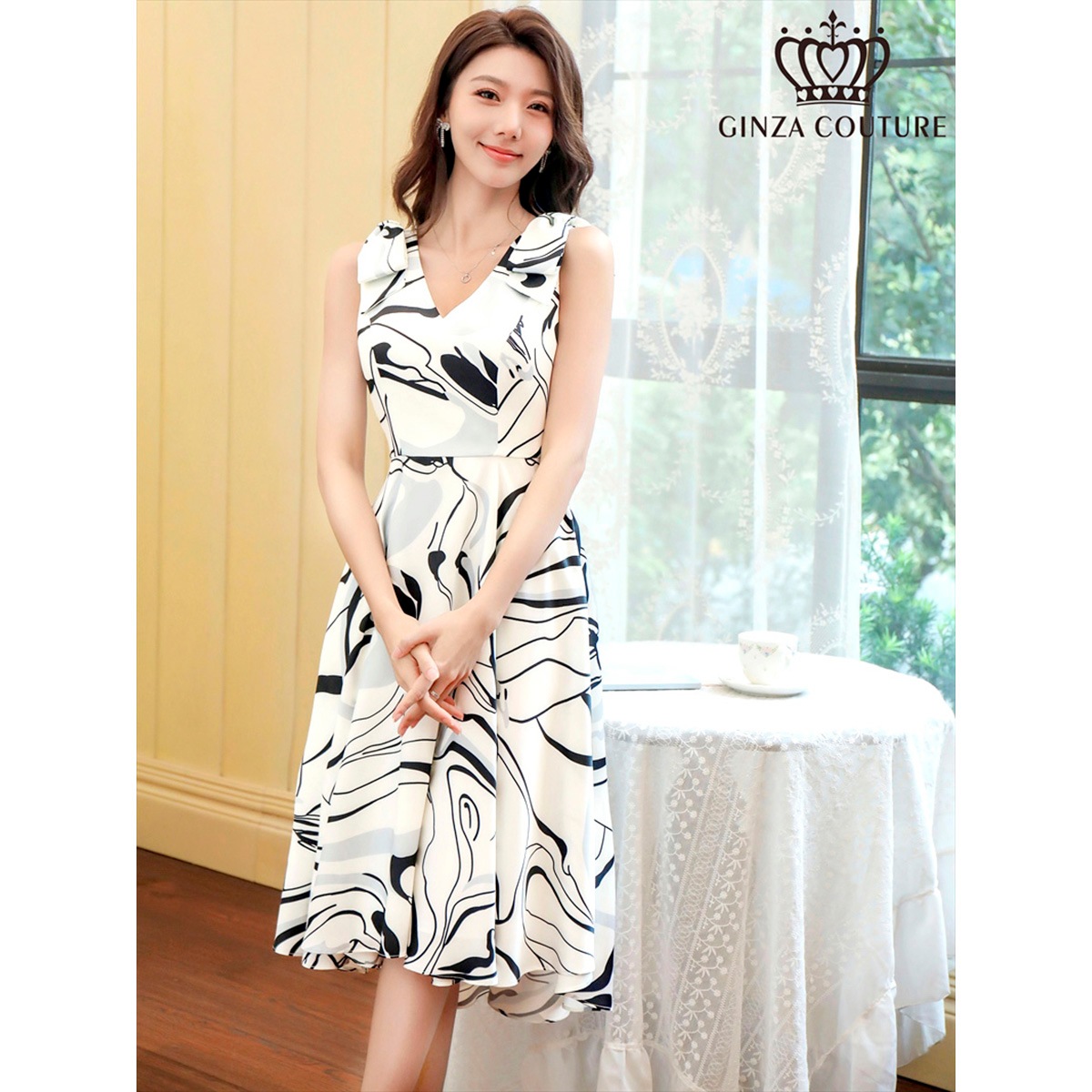 GINZA COUTURE] 2color プリント 肩リボン Aライン ミディアム