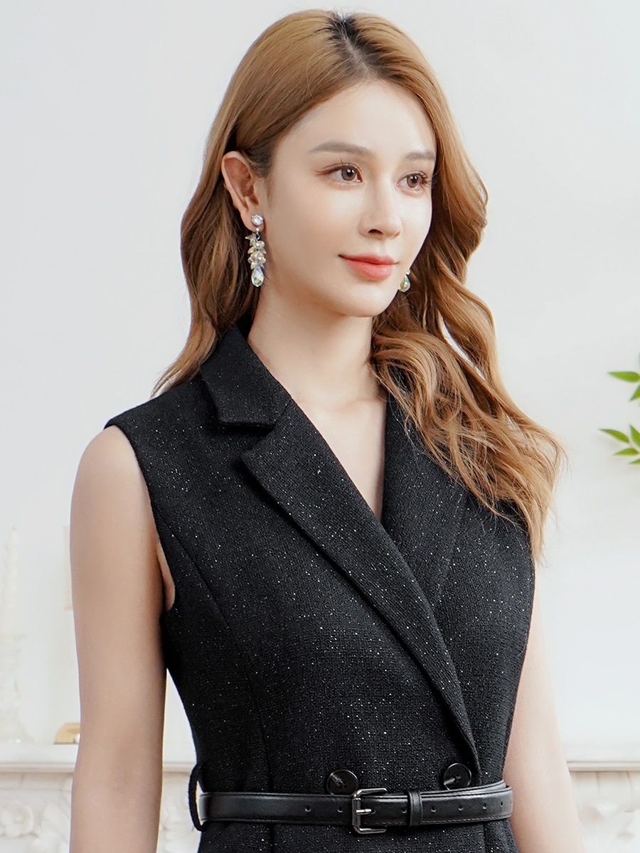 [GINZA COUTURE] ワンカラー シンプル ラメ Vネック ノースリーブ 襟付き ポケット ベルト Aライン ミディアムドレス ワンピース ブラック パーティ 結婚式 披露宴 女子会 お食事会 会食 2次会 発表会 演奏会 撮影 衣装 キャバクラ 銀座クチュール ERUKEI LK C2965