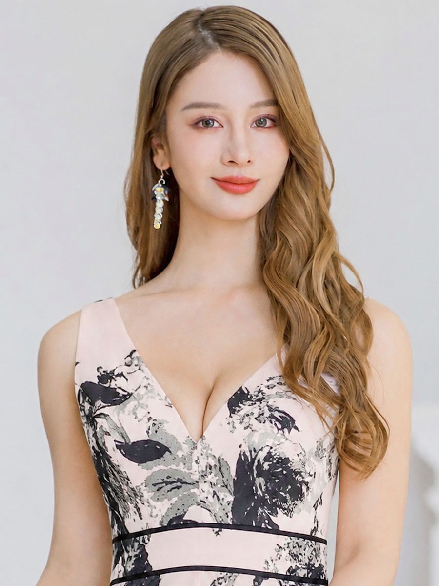 [ERUKEI] 新色追加 3color フラワープリント Vネック スピンドル Aライン フレア ロングドレス 結婚式 演奏会 ナイトドレス E36030