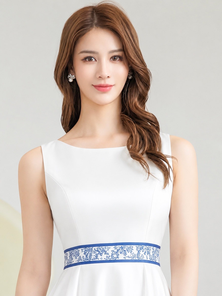 [GINZA COUTURE] プリント 切替 Aライン ノースリーブ フレア ミディアムドレス ワンピース ホワイト ブルー 清楚 上品 爽やか 華やか 結婚式 披露宴 女子会 お食事会 デート パーティー 2次会 発表会 演奏会 撮影 ステージ 衣装 銀座クチュール ERUKEI エルケイ C26097