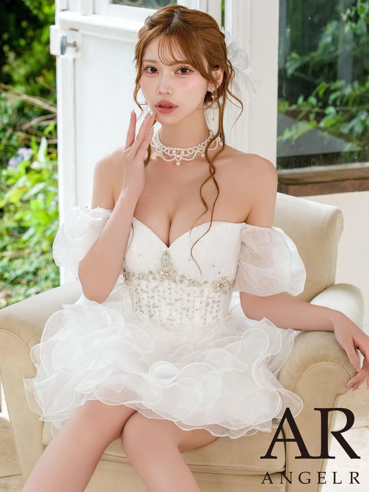 【AngelR】4color 2WAY ベアトップ ハートカット パフスリーブ ウエストビジュー オーガンジーフリル フレア ミニドレス AR26350