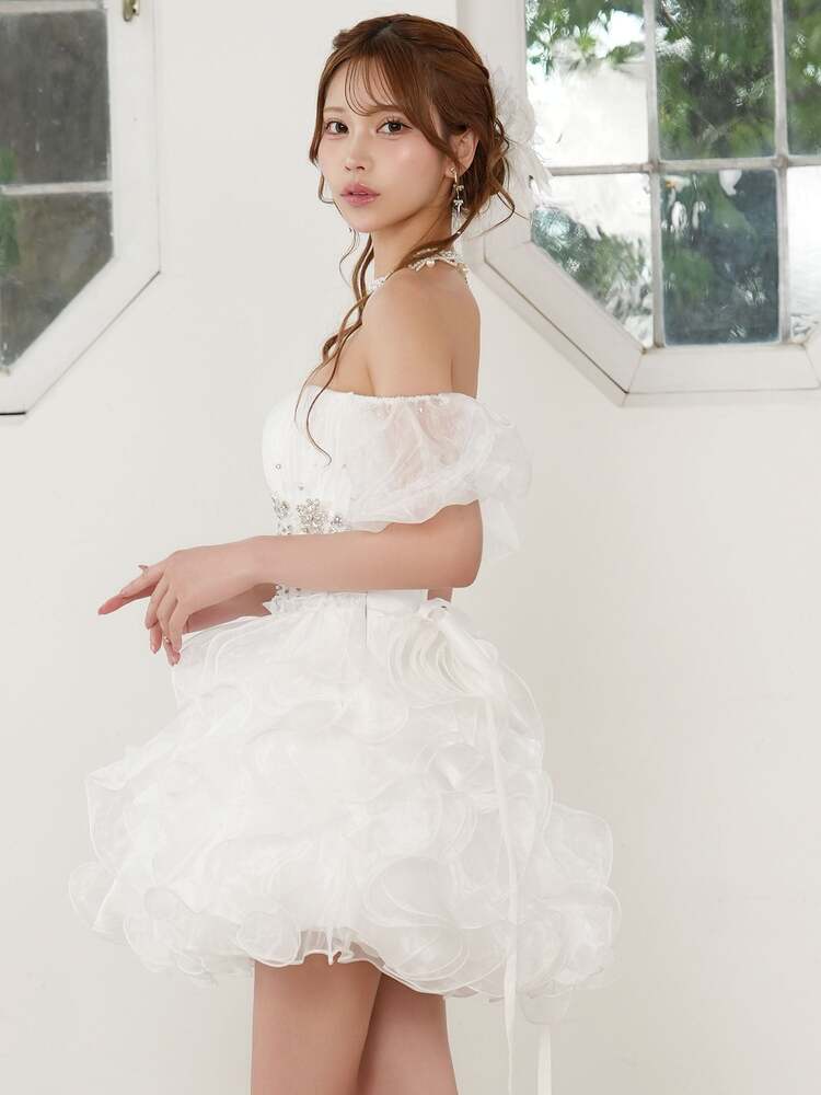 【AngelR】4color 2WAY ベアトップ ハートカット パフスリーブ ウエストビジュー オーガンジーフリル フレア ミニドレス AR26350